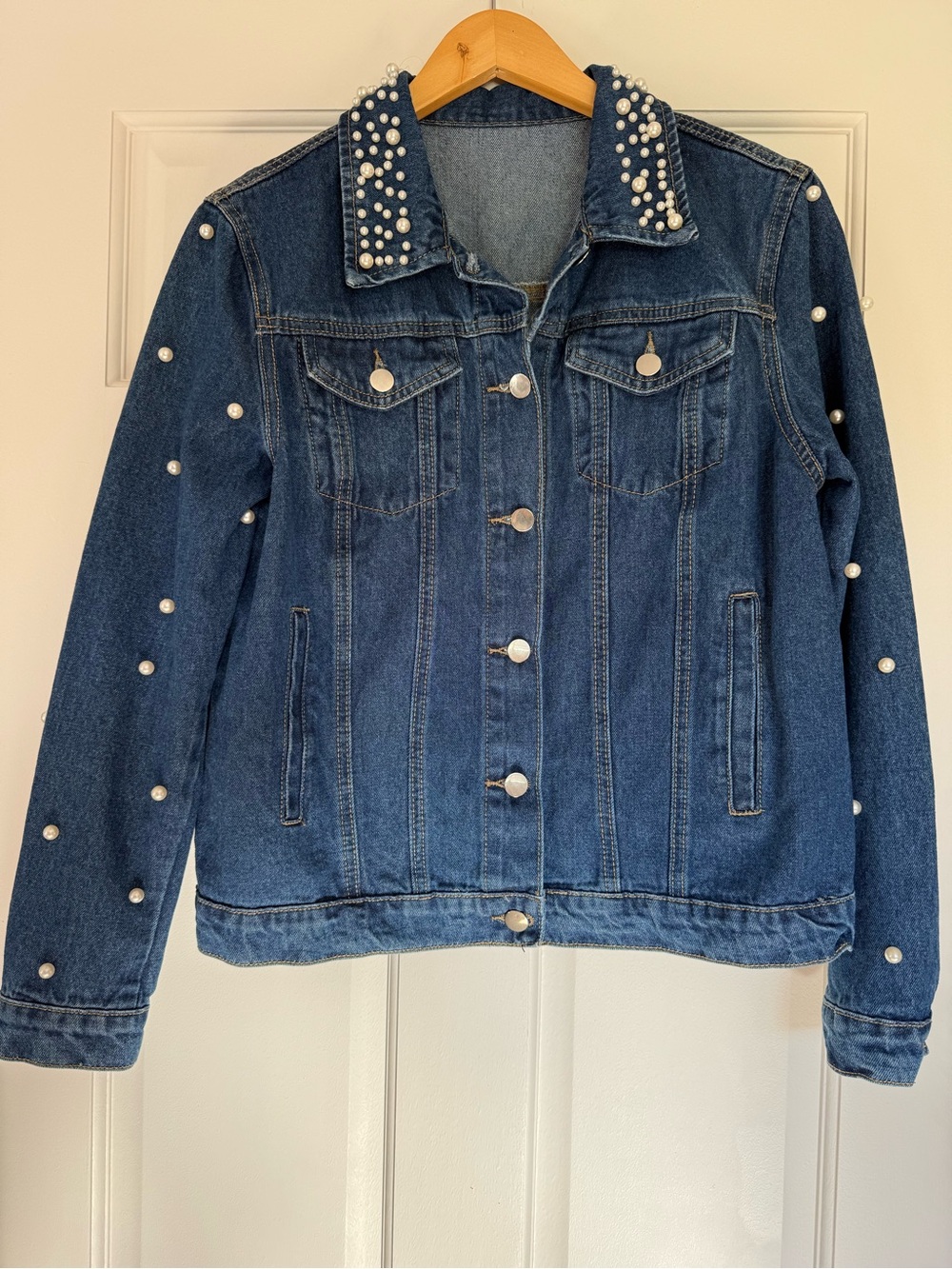 SHEIN Pearl-Embellished Dark Blue Denim Jacket Size M
